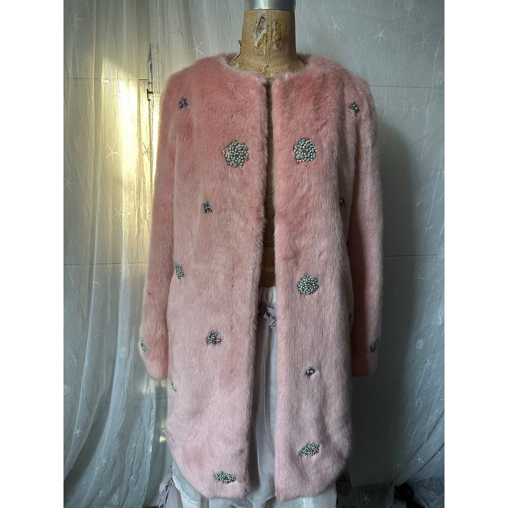 ZARA COLLECTION - Pink Bejeweled Faux Fur Coat blue beads party - Picture 4 of 16